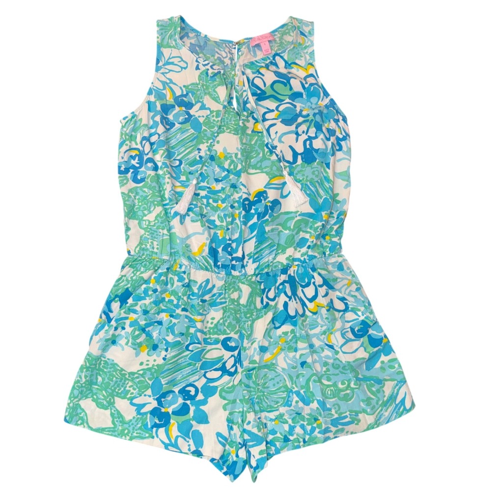 Lilly Pulitzer Romper Women Small Blue Green Floral Good Tassel Sleeveless Rayon